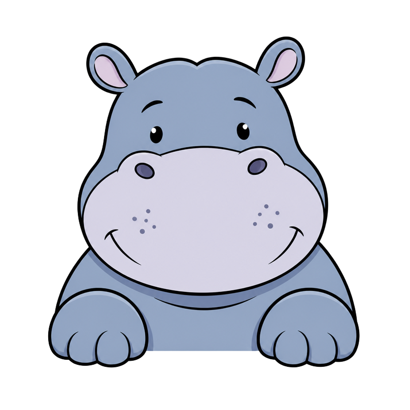 Hugo the hippo peeking over a colourful horizon